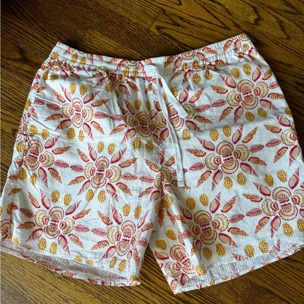 Hill House Floral Print Drawstring Shorts - White with Red & Yellow -Large